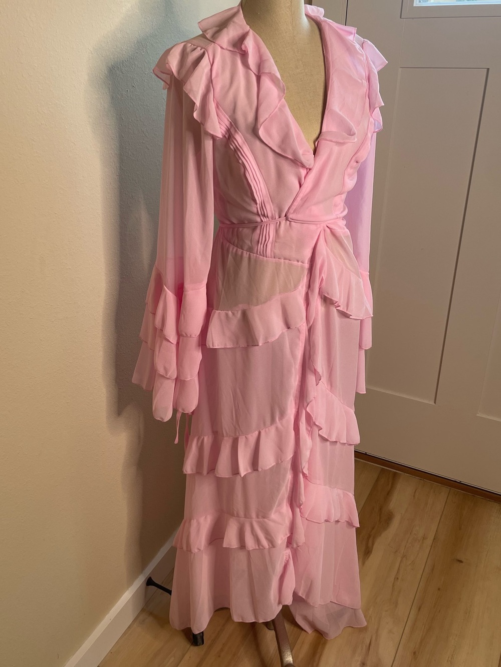Coquette Pink Ruffled Maxi tie front duster